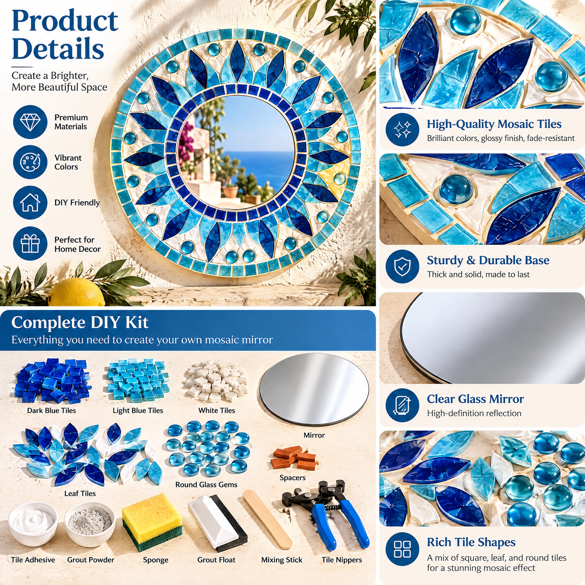 Blue Sunburst Mosaic Mirror Kit